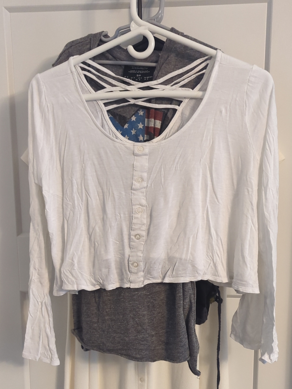 MINE White Flowy Bell Sleeve Top With Faux Buttons And Open Crossed Back L 2016